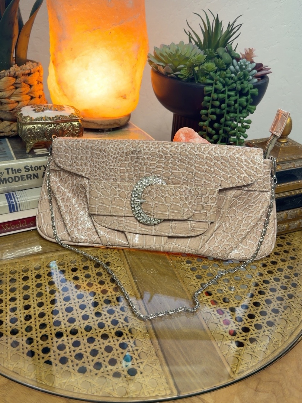 Bijoux Terner Beige Faux Croc Rhinestone Buckle Clutch Silver Chain Strap